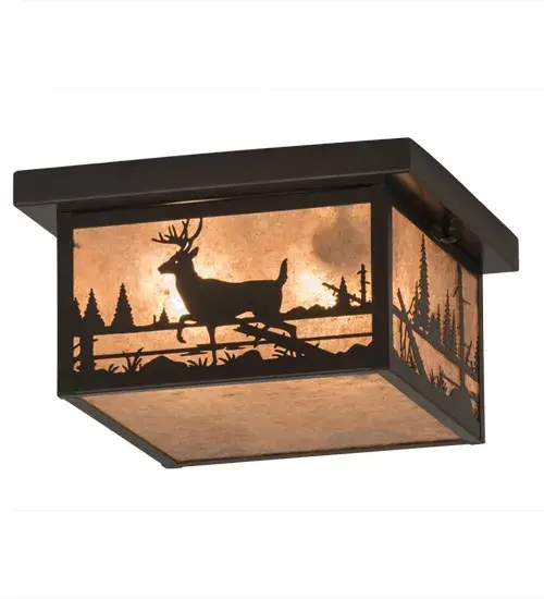 Custom crafted of Solid Brass, this striking Craftsman Signature lighting design captures a Deer scurrying alongside a mountain creek with the late afternoon sun lowering in the background.Beautiful ambient lighting shines through stunning Silver Mica, which is enhanced by the decorative accents, frame and matching hardware featured in a warm Craftsman Brown finish. The fixture is handcrafted in the Meyda manufacturing facility, located at the foothills of the Adirondack Mountains.Created for both indoor and outdoor applications.Custom styles, designs, colors and dimmable energy efficient lamping options such as LED are available.The flushmount is UL and cUL listed for damp and wet locations. Collection: Hyde Park Finish: Craftsman Brown Glass: Silver Mica Width: 17.00" Height: 6.50" Length: 12.25" Weight: 5.00 lb Extension from Wall: 5.50" Number of Bulbs: 2 Maximum Wattage: 60.00 W Bulb Type: A19 Bulb Base: E26 Material: Steel Country of Origin: USA Safety Listing: Wet Safety Rating: Wet - alternate view