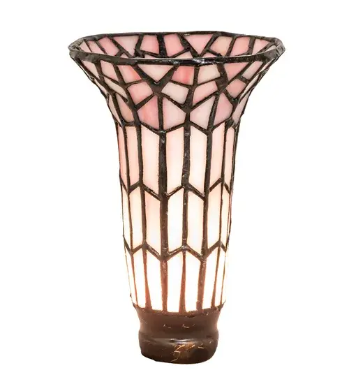 Inspired by the famous Tiffany design from the early 1900s. This Pond Lily shade offers an attractive, delicate design created of fine Pink art glass using the famous Meyda Tiffany copperfoil construction. The Pond Lily Shade is featured in our American designed, handcrafted Stained Glass Lighting Collection. Each shade is a unique work of art with color variations based on natural ingredients inherent in the glass. Contact us if color matching is critical when ordering multiple items. Collection: Stained Glass Pond Lily Finish: Vintage Copper Glass: Pink Width: 4.00" Height: 6.00" Length: 4.00" Weight: 1.00 lb Extension from Wall: 4.75" Bulb Base: INTEGRAL Light Source: LED Color Temperature: 3000 K Country of Origin: CHINA Safety Listing: Damp Safety Rating: Dry LED - alternate view