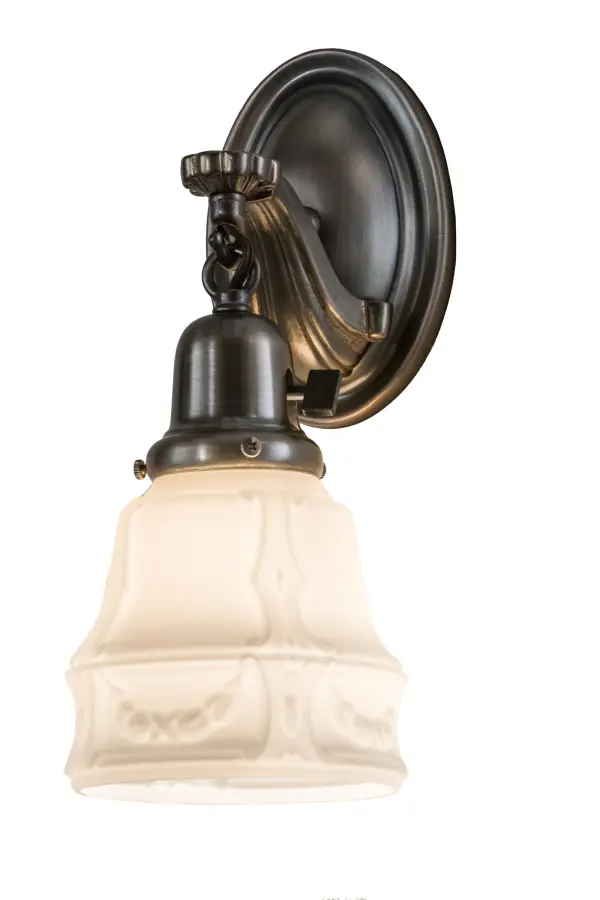 Welcome an era of style and charm with this Revival Garland styled shade in an Acid Wash White blown-glass and embraced by Solid Brass hardware that is featured in an Antique Nickel finish. This sconce is perfect for illuminating hallways and other rooms in residential and commercial settings. This American-made Revival fixture is custom crafted in in Upstate New York. Custom sizes, styles and colors and dimmable energy efficient lamping such as LEDs are available. This fixture is UL and cUL listed for damp and dry locations. Collection: Revival Finish: Antique Nickel Glass: Matte White Opal Width: 5.00" Height: 12.00" Length: 6.25" Weight: 1.50 lb Extension from Wall: 6.25" Number of Bulbs: 1 Maximum Wattage: 60.00 W Bulb Type: A15 Bulb Base: E26 Material: Metal Country of Origin: USA Safety Listing: Damp Safety Rating: Damp