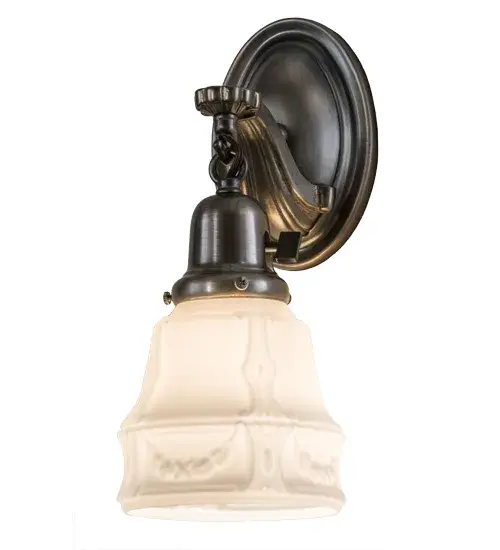 Welcome an era of style and charm with this Revival Garland styled shade in an Acid Wash White blown-glass and embraced by Solid Brass hardware that is featured in an Antique Nickel finish. This sconce is perfect for illuminating hallways and other rooms in residential and commercial settings. This American-made Revival fixture is custom crafted in in Upstate New York. Custom sizes, styles and colors and dimmable energy efficient lamping such as LEDs are available. This fixture is UL and cUL listed for damp and dry locations. Collection: Revival Finish: Antique Nickel Glass: Matte White Opal Width: 5.00" Height: 12.00" Length: 6.25" Weight: 1.50 lb Extension from Wall: 6.25" Number of Bulbs: 1 Maximum Wattage: 60.00 W Bulb Type: A15 Bulb Base: E26 Material: Metal Country of Origin: USA Safety Listing: Damp Safety Rating: Damp - alternate view