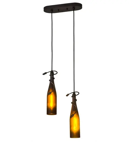 Capture the life of the party with authentic wine bottle lighting... The pendant does so much more than deliver light; it adds personality and pizazz to any interior. Perfect for homes; restaurants; hotels; pubs; nightclubs; wineries; and retailers. Two authentic Amber glass wine bottles feature a decorative wrap in an Oil Rubbed Bronze finish. Wine bottle chandeliers; ceiling fans and lamps are also available. Handmade by Meyda artisans in our manufacturing facilities in upstate New York; this pendant is available in custom sizes; styles; colors and dimmable energy efficient lamping options. UL and cUL listed for damp and dry locations. - alternate view