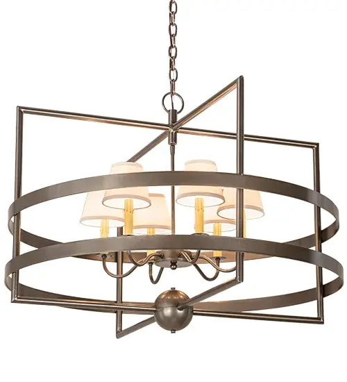 Combining a Grand classic look with industrial styling. The Aldari chandelier features 6 Amber faux candlelights crowned with Cream Linen Shades which provide beautiful ambient lighting from within. A sturdy geometric frame is encircled by two rugged decorative rings for a unique look. The hardware is featured in a Bronze Metallic finish. Ideal for illuminating foyers, living spaces and a variety of other large rooms in residential and commercial settings. Custom crafted by highly skilled artisans in our 180,000 square foot manufacturing facility in Yorkville, New York. UL and cUL listed for dry and damp locations however we do not recommend installing it in spaces that experience a large amount of moisture due to the fabric shades. Collection: Aldari Finish: Bronze Metallic Glass: Cream Linen Width: 36.00" Height: 27.25" Length: 36.00" Weight: 27.00 lb Extension from Wall: 7.50" Number of Bulbs: 6 Maximum Wattage: 25.00 W Bulb Type: B10 Bulb Base: E12 Material: Steel Country of Origin: USA Safety Listing: Dry Safety Rating: Dry - alternate view