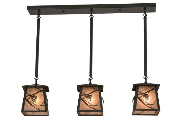 Listen closely. You can almost hear the soft whisper of pine branches as they dance in the wind with a low-hanging moon in the sky. Enjoy the beautiful ambiance of the soft light diffused through three Silver Mica shades of this pendant, which feature stunning pinecone and pine branch motifs? The fixture is featured in a Timeless Bronze finish and handcrafted by Meyda artisans in Yorkville, New York, at the foothills of the breathtaking Adirondack Mountains. Custom colors, designs and sizes are available, as well as dimmable, energy efficient lighting options such as LED. This fixture is UL and cUL listed for damp and dry locations. Collection: Whispering Pines Finish: Timeless Bronze Glass: Silver Mica Width: 7.00" Height: 30.50" Length: 36.00" Weight: 21.00 lb Extension from Wall: 9.00" Number of Bulbs: 3 Maximum Wattage: 60.00 W Bulb Type: A19 Bulb Base: Medium Material: Steel Country of Origin: USA Safety Listing: Damp Safety Rating: Damp