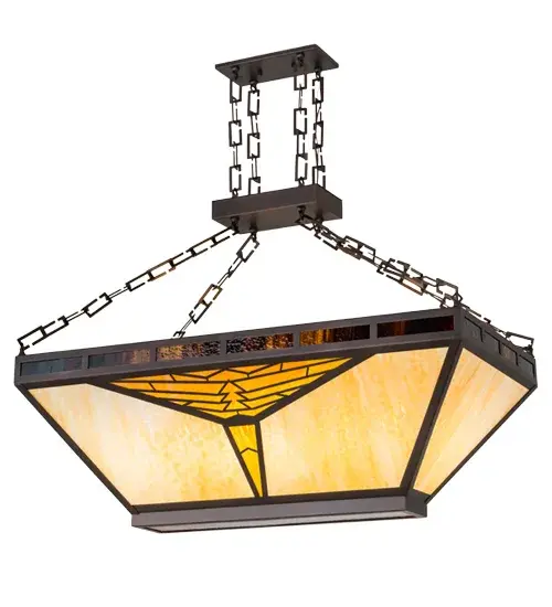 Warm earth toned Bone Beige art glass is highlighted with a Moccasin Tan? or Honey colored arrowhead design. The shade is accented with a Bark Brown glass trim. The handcrafted shade is enhanced with a frame; decorative accents and hardware in a warm Mahogany Bronze finish. The oblong fixture is ideal for illuminating islands; billiard tables; counters; bars and other spaces. Custom designs; styles and colors; as well as dimmable energy efficient lamping options such as LED; are available. UL and cUL listed for damp and dry locations. - alternate view