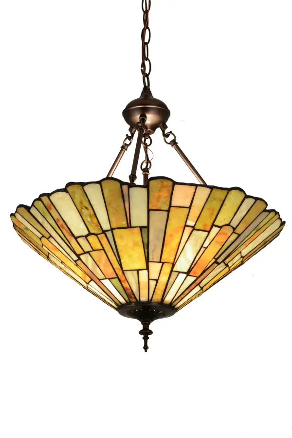 Thinly hand carved and polished natural Jadestone in earthy tones of Moss Green; Beige; Honey; Natural Ivory and Coral become luminescent in this unique tile patterned pendant. The natural stone inverted shade is crafted using the famous Meyda copperfoil construction process that creates Tiffany stained glass lamps and fixtures. Pendant hardware is featured in a handsome Mahogany Bronze finish. Ideal for placement over a kitchen island; counter or dining table. The Delta Jadestone Pendant is featured in our American made; American designed handcrafted Jadestone Lighting Collection. Manufactured in Yorkville; New York. UL and cUL listed for dry and damp locations.