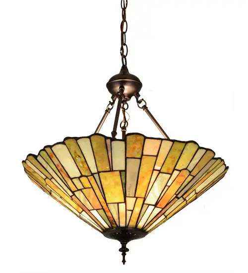 Thinly hand carved and polished natural Jadestone in earthy tones of Moss Green; Beige; Honey; Natural Ivory and Coral become luminescent in this unique tile patterned pendant. The natural stone inverted shade is crafted using the famous Meyda copperfoil construction process that creates Tiffany stained glass lamps and fixtures. Pendant hardware is featured in a handsome Mahogany Bronze finish. Ideal for placement over a kitchen island; counter or dining table. The Delta Jadestone Pendant is featured in our American made; American designed handcrafted Jadestone Lighting Collection. Manufactured in Yorkville; New York. UL and cUL listed for dry and damp locations. - alternate view