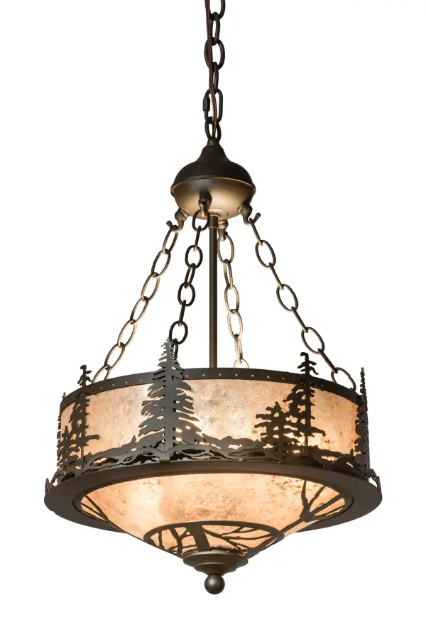 A stunning nature inspired design captures Tall Pine trees supported by a bark textured steel frame and appear to be growing inside an old growth forest. Diffusing ambient light beautifully is stunning Silver Mica, which symbolizes Mother Earth and is adorned with steel pine branch accents on the bottom. The accents, frame and hardware are featured in an Oil Rubbed Bronze finish. This lighting treasure is handcrafted in the Meyda manufacturing facility, which is located at the foothills of the spectacular Adirondack Mountains. Custom styles, colors, sizes and dimmable energy-efficient lamping such as LED are available. This pendant is UL and cUL listed for damp and dry locations. Collection: Tall Pines Finish: Oil Rubbed Bronze Glass: Silver Mica Width: 16.00" Height: 28.00" Length: 16.00" Weight: 12.00 lb Number of Bulbs: 3 Maximum Wattage: 60.00 W Bulb Type: A19 Bulb Base: E26 Material: Steel Country of Origin: USA Safety Listing: Damp Safety Rating: Damp