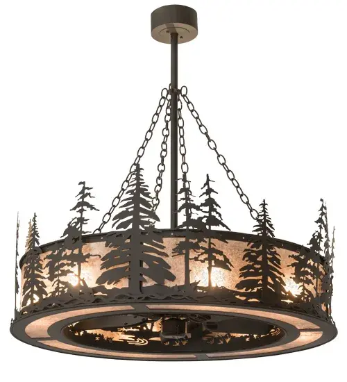 Innovation never looked so good with this custom lighting fixture which integrates ceiling fan technology. The nature-inspired Tall Pines design is featured in our award winning Chandel-Air collection. Enjoy beautiful ambient light diffused through Silver Mica while gentle breezes are produced by the fan spinning quietly in the center. The hardware and decorative accents are featured in an Oil Rubbed Bronze finish. 8 inner lights bring out the beauty of the mica while 4 uplights create indirect ambient illumination. In summer; the fan pushes down a windchill that circulates to keep the space cool and comfortable. In winter; the fan is reversed to pull the room air up towards the ceiling and force the warm air back down. - alternate view