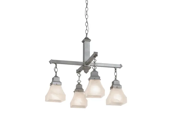 This stunning Bungalow styled ceiling fixture projects soft ambient light through four shapely Alabaster White art glass diffusers; which are complemented with handsome cross-bar hardware featured in a Nickel finish.This fixture can be used as a decorative luminaire in entryways; hallways and other rooms in residential and commercial settings.Custom colors; designs; sizes; and dimmable energy-efficient lamping options such as LED; are available. The chandelier is UL and cUL listed for damp and dry locations.