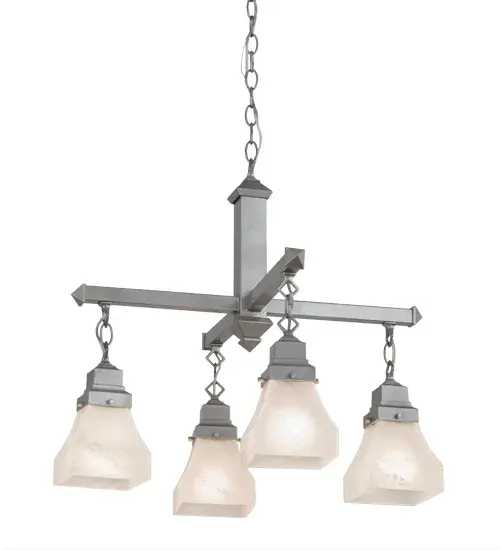 This stunning Bungalow styled ceiling fixture projects soft ambient light through four shapely Alabaster White art glass diffusers; which are complemented with handsome cross-bar hardware featured in a Nickel finish.This fixture can be used as a decorative luminaire in entryways; hallways and other rooms in residential and commercial settings.Custom colors; designs; sizes; and dimmable energy-efficient lamping options such as LED; are available. The chandelier is UL and cUL listed for damp and dry locations. - alternate view