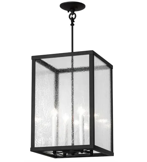 A sophisticated architecturally styled fixture is designed with a pizazz that is unique; fresh and stylish. Give your decor an extra edge with this breathtaking fixture; which is highlighted with a solid steel structure that surrounds a Clear Seeded glass lens encasing 4 faux candlelights. The hardware and frame; which includes a criss-cross hub design on its base; are featured in a handsome Wrought Iron finish. Handmade in our 180;000 square foot manufacturing facility in Yorkville; New York. Available in custom sizes; styles and finishes; as well as dimmable energy efficient lamping options such as LED. UL and CUL listed for damp and dry locations - alternate view