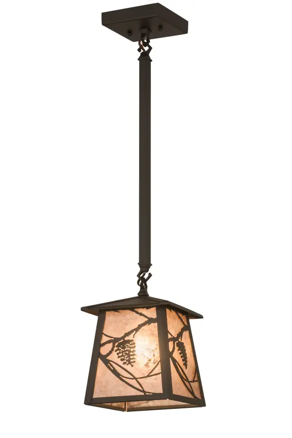 Listen closely. You can almost hear the soft whisper of the Pine Branches as they dance in the wind. Enjoy the warm ambiance of soft beautiful light diffused through a Silver Mica shade featuring stunning Pinecone and Pine Branch designs. The pendant is featured in an Antique Copper finish. Cluster these pendants over a kitchen island, table, counter or bar to make a dramatic design statement. Handcrafted by highly skilled artisans in our 180,000 square manufacturing facility in Yorkville, New York. Shade colors, metal finishes and sizes can be customized. UL and cUL listed for dry and damp locations. Collection: Whispering Pines Finish: Oil Rubbed Bronze Glass: Silver Mica Width: 10.00" Height: 24.00" Length: 7.00" Weight: 6.50 lb Number of Bulbs: 1 Maximum Wattage: 60.00 W Bulb Type: A19 Bulb Base: E26 Material: Steel Country of Origin: USA Safety Listing: Damp Safety Rating: Damp