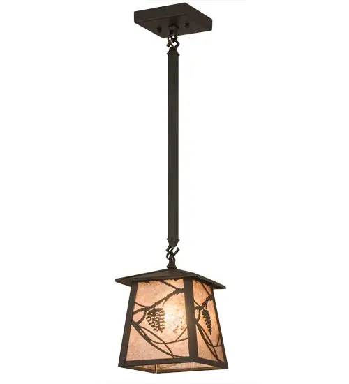 Listen closely. You can almost hear the soft whisper of the Pine Branches as they dance in the wind. Enjoy the warm ambiance of soft beautiful light diffused through a Silver Mica shade featuring stunning Pinecone and Pine Branch designs. The pendant is featured in an Antique Copper finish. Cluster these pendants over a kitchen island, table, counter or bar to make a dramatic design statement. Handcrafted by highly skilled artisans in our 180,000 square manufacturing facility in Yorkville, New York. Shade colors, metal finishes and sizes can be customized. UL and cUL listed for dry and damp locations. Collection: Whispering Pines Finish: Oil Rubbed Bronze Glass: Silver Mica Width: 10.00" Height: 24.00" Length: 7.00" Weight: 6.50 lb Number of Bulbs: 1 Maximum Wattage: 60.00 W Bulb Type: A19 Bulb Base: E26 Material: Steel Country of Origin: USA Safety Listing: Damp Safety Rating: Damp - alternate view