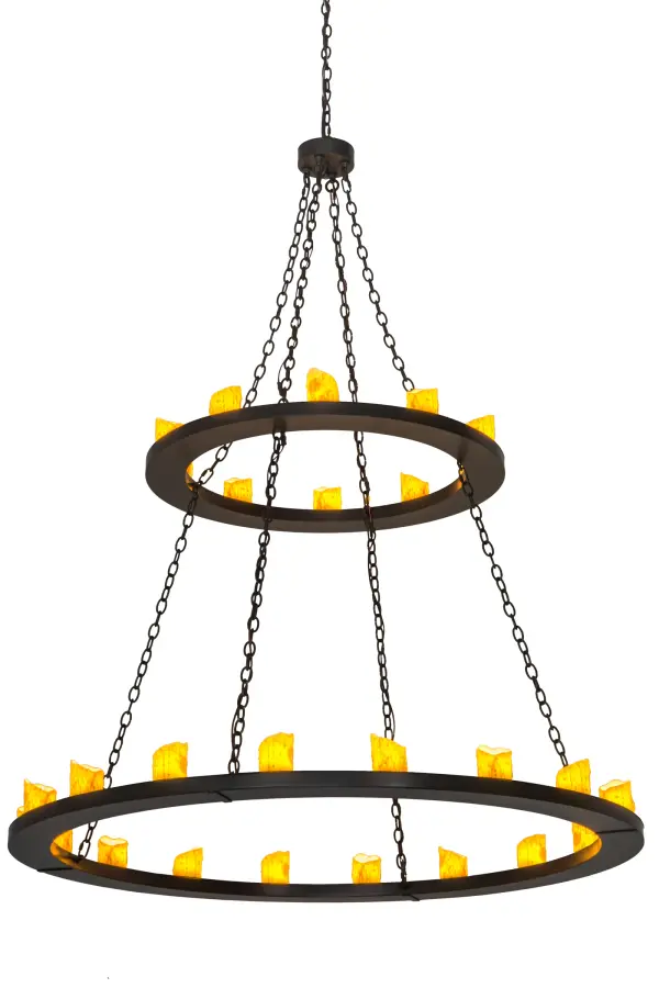 Blending an elegant style with a classic distinguished look, Loxley is custom crafted with 28 Ivory colored Cylindres perched on two smooth, circular frames which are featured in a Timeless Bronze finish. The two tier chandelier is ideal for illuminating lobbies, conference rooms, entryways and other large residential and commercial spaces. The fixture is handcrafted by our artisans in the USA in our manufacturing facility in Yorkville, New York. Custom colors, styles and sizes are available, as well as dimmable energy efficient lamping options such as LED. The fixture is UL and cUL listed for damp and dry locations. Collection: Loxley Finish: Timeless Bronze Glass: Amber Candle Width: 60.00" Height: 80.00" Length: 60.00" Weight: 115.00 lb Number of Bulbs: 28 Maximum Wattage: 25.00 W Bulb Type: BA10 Bulb Base: E26 Material: Steel Country of Origin: USA Safety Listing: Damp Safety Rating: Damp