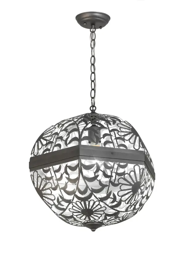 Utilizing custom designed Daisy designs delicately cut from solid steel; this Bola pendant projects dramatic shadows and patterns of light on the walls and ceiling for special effects. This hand finished Pewter orb in a stylish design is ideal for illuminating a variety of rooms in residential and commercial environments including nightclubs; lounges; restaurants and fine homes. Custom colors; styles and sizes are available; as well as dimmable lamping options such as LED. The fixture is UL and cUL listed for damp and dry locations.