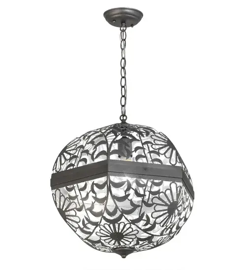 Utilizing custom designed Daisy designs delicately cut from solid steel; this Bola pendant projects dramatic shadows and patterns of light on the walls and ceiling for special effects. This hand finished Pewter orb in a stylish design is ideal for illuminating a variety of rooms in residential and commercial environments including nightclubs; lounges; restaurants and fine homes. Custom colors; styles and sizes are available; as well as dimmable lamping options such as LED. The fixture is UL and cUL listed for damp and dry locations. - alternate view