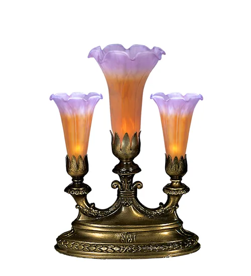 13" High Amber/Purple Tiffany Pond Lily 3 LT Mantelabra Accent Lamp