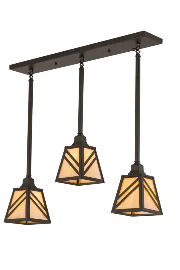 Sophisticated diagonal straight line patterns accentuate these appealing Diagon mini pendants which are shown cascading from the ceiling. These handsome shades feature Beige Iridescent art glass enhanced with decorative accents, frame and hardware in an Oil Rubbed Bronze finish. Custom crafted in the USA, this pendant is available in custom sizes, styles and colors, as well as dimmable energy efficient lamping options. The pendant is UL and cUL listed for damp and dry locations. Collection: Diagon Finish: Oil Rubbed Bronze Glass: Beige Iridescent Glass Width: 7.00" Height: 34.00" Length: 36.00" Weight: 24.00 lb Extension from Wall: 7.00" Number of Bulbs: 3 Maximum Wattage: 60.00 W Bulb Type: A19 Bulb Base: E26 Material: Steel Country of Origin: USA Safety Listing: Damp Safety Rating: Damp