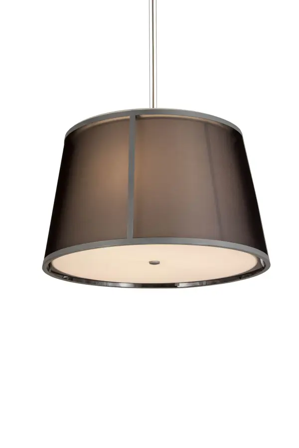 Designed with a round, tapered profile, this fascinating pendant defines a modern sophisticated aesthetic. The outer shade features Black TextraLite while the inner shade reveals White Textrene and is enhanced with a Statuario Idalight bottom diffuser. The stunning shade is enhanced with a metal frame and hardware featured in a Nickel powder coat finish. This fixture is custom crafted by highly skilled artisans at our 180,000 square foot manufacturing facility in Yorkville, New York. Custom sizes, styles and colors are available, as well as dimmable, energy efficient lamping options such as LED. The pendant is UL and cUL listed for damp and dry locations Collection: Cilindro Finish: Weatherable Silver Glass: Black Textralite Width: 78.00" Height: 22.50" Weight: 21.00 lb Number of Bulbs: 3 Maximum Wattage: 12.00 W Bulb Type: A19 Bulb Base: GU24 Light Source: LED Material: Steel Country of Origin: USA Safety Listing: Damp Safety Rating: Damp LED
