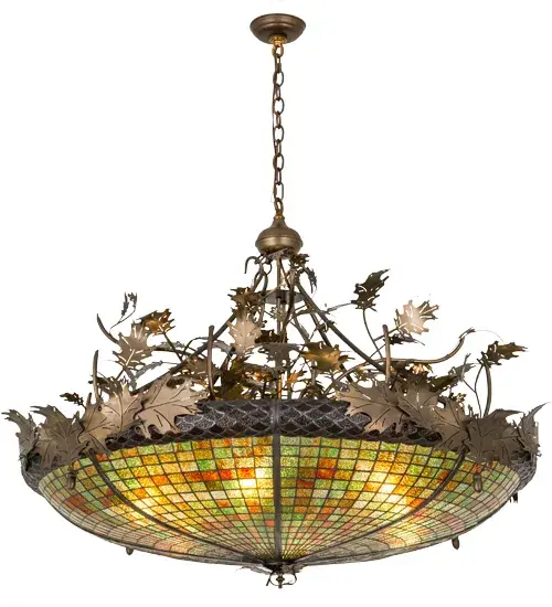 Visually impressive as the mighty Oak Tree; this art glass shade is featured in Multitoned Autumn Greens; Beige and Browns and crowned with Bark Brown granite glass sprouting steel oak leaves; branches and acorns in an Antique Copper finish. The pendant shade is created using the famous Meyda copperfoil construction process. The hand forged hardware is custom crafted by Meyda artisans at the foothills of the breathtaking Adirondack Mountains. Custom sizes; styles and colors are available; as well as dimmable energy efficient lamping options including LED. The fixture is UL and cUL listed for damp and dry locations. No two art glass shades will be the same as their individuality can be as remarkably unique as their personality. - alternate view