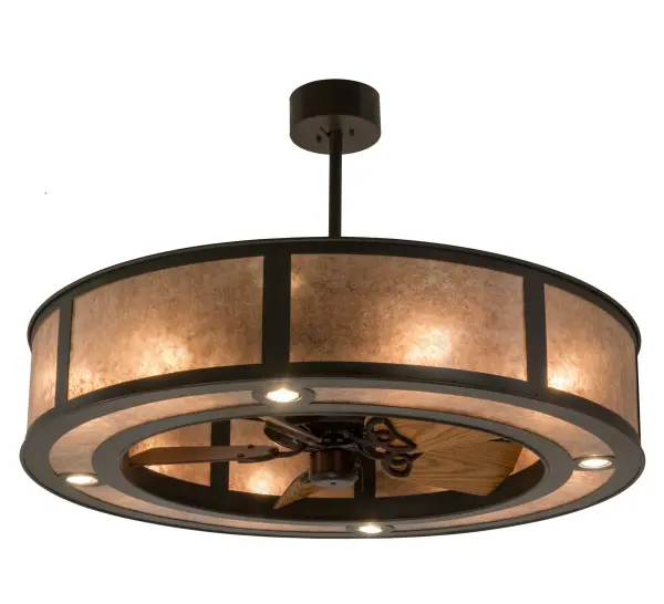 A modern marvel that enhances residential and commercial settings, this custom fan-integrated lighting fixture features stunning Amber Mica with a matching bottom diffuser, complemented with a Timeless Bronze finish. Multiple layers of light for different moods and tasks include 8 inner lights that provide beautiful decorative lighting, 4 uplights for ambient lighting, and 4 downlights providing functional illumination below. In summer, the fan pushes down a windchill that circulates to keep the space cool and comfortable. In winter, the fan is reversed to pull the room air towards the ceiling and force the warm air back into your space. The Smythe Craftsman Chandel-Air is included in our American-made, American-designed handcrafted Chandel-Air Collection. Manufactured in Yorkville, NY. UL & cUL listed for dry and damp locations. Collection: Smythe Craftsman Finish: Timeless Bronze Glass: Silver Mica Width: 45.00" Height: 30.50" Length: 45.00" Weight: 77.00 lb Number of Bulbs: 4 Maximum Wattage: 60.00 W Bulb Type: A19 Bulb Base: E26 Light Source: Incandescent Material: Steel Country of Origin: USA Safety Listing: Damp Safety Rating: Damp
