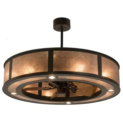A modern marvel that enhances residential and commercial settings, this custom fan-integrated lighting fixture features stunning Amber Mica with a matching bottom diffuser, complemented with a Timeless Bronze finish. Multiple layers of light for different moods and tasks include 8 inner lights that provide beautiful decorative lighting, 4 uplights for ambient lighting, and 4 downlights providing functional illumination below. In summer, the fan pushes down a windchill that circulates to keep the space cool and comfortable. In winter, the fan is reversed to pull the room air towards the ceiling and force the warm air back into your space. The Smythe Craftsman Chandel-Air is included in our American-made, American-designed handcrafted Chandel-Air Collection. Manufactured in Yorkville, NY. UL & cUL listed for dry and damp locations. Collection: Smythe Craftsman Finish: Timeless Bronze Glass: Silver Mica Width: 45.00" Height: 30.50" Length: 45.00" Weight: 77.00 lb Number of Bulbs: 4 Maximum Wattage: 60.00 W Bulb Type: A19 Bulb Base: E26 Light Source: Incandescent Material: Steel Country of Origin: USA Safety Listing: Damp Safety Rating: Damp - alternate view