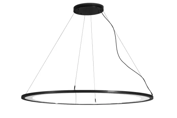 A modern sophisticated pendant featuring an extraordinary element of ambient light. This elliptic spectral halo appears to create a stunning visual effect and breathtaking drama. Supported by sturdy Spacecraft cables for balance and precision; this Solar Black finished solid ring reveals a Contrail Mist Idalight diffuser. High powered; integral LEDs deliver dimmable; robust illumination; energy savings; minimal maintenance and long life. Custom sizes; styles and finishes are available; as well as other lamping options. This dramatic upscale pendant is UL and cUL listed for damp and dry locations.