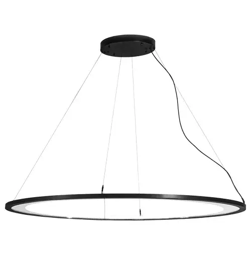 A modern sophisticated pendant featuring an extraordinary element of ambient light. This elliptic spectral halo appears to create a stunning visual effect and breathtaking drama. Supported by sturdy Spacecraft cables for balance and precision; this Solar Black finished solid ring reveals a Contrail Mist Idalight diffuser. High powered; integral LEDs deliver dimmable; robust illumination; energy savings; minimal maintenance and long life. Custom sizes; styles and finishes are available; as well as other lamping options. This dramatic upscale pendant is UL and cUL listed for damp and dry locations. - alternate view