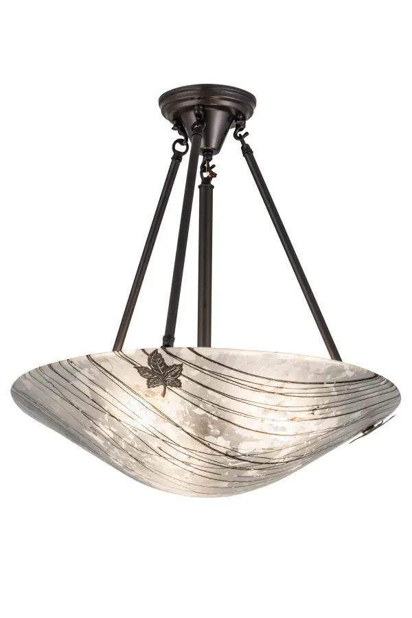 Depicting bare trees against the winter sky-inspired Branches lighting design; this fused glass ceiling fixture features Frosted White art glass drizzled with Midnight Black branch patterns. The stunning shade is adorned with Polished Nickel; Maple Leaves and supported by Solid Brass hardware featured in a Craftsman Brown finish. Handmade by Meyda Craftsmen; the fixture is a pleasant retreat from the ordinary. Made in the USA at the foothills of the Adirondack Mountains. Custom options available. UL and cUL listed for damp and dry locations.