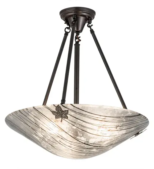 Depicting bare trees against the winter sky-inspired Branches lighting design; this fused glass ceiling fixture features Frosted White art glass drizzled with Midnight Black branch patterns. The stunning shade is adorned with Polished Nickel; Maple Leaves and supported by Solid Brass hardware featured in a Craftsman Brown finish. Handmade by Meyda Craftsmen; the fixture is a pleasant retreat from the ordinary. Made in the USA at the foothills of the Adirondack Mountains. Custom options available. UL and cUL listed for damp and dry locations. - alternate view