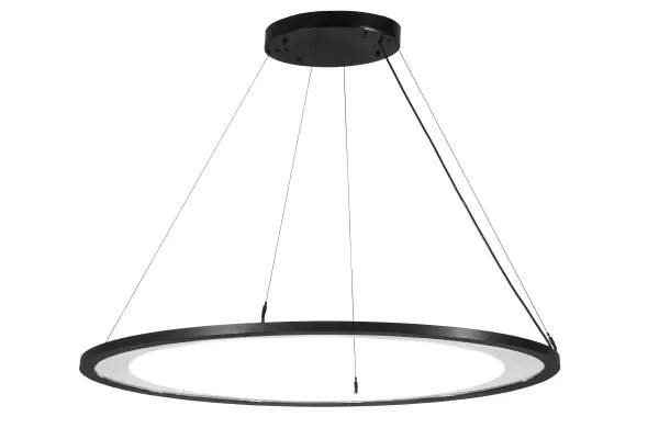A modern sophisticated pendant featuring an extraordinary element of ambient light; the elliptic spectral halo creates a stunning visual effect. Supported by sturdy Spacecraft cables for balance and precision; this Solar Black finished solid steel ring reveals a Crystal and Contrail Mist Idalight diffuser. High powered Integral LEDs deliver dimmable robust illumination; energy savings; minimal maintenance and long life. Custom sizes; styles; configurations and finishes are available; as well as other lamping options. UL and cUL listed for damp and dry locations.