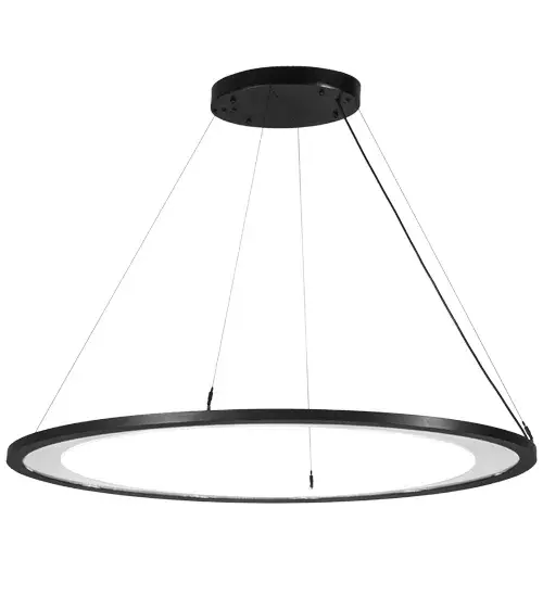 A modern sophisticated pendant featuring an extraordinary element of ambient light; the elliptic spectral halo creates a stunning visual effect. Supported by sturdy Spacecraft cables for balance and precision; this Solar Black finished solid steel ring reveals a Crystal and Contrail Mist Idalight diffuser. High powered Integral LEDs deliver dimmable robust illumination; energy savings; minimal maintenance and long life. Custom sizes; styles; configurations and finishes are available; as well as other lamping options. UL and cUL listed for damp and dry locations. - alternate view