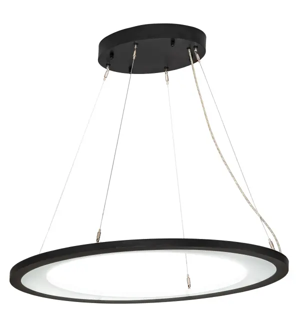 A modern sophisticated pendant featuring an extraordinary element of ambient light; the elliptic spectral halo creates a stunning visual effect. Supported by sturdy Spacecraft cables for balance and precision; this Solar Black finished solid steel ring reveals a Crystal and Contrail Mist Idalight diffuser. High powered integral LEDs deliver dimmable robust illumination; energy savings; minimal maintenance and long life. Custom sizes; styles; configurations and finishes are available; as well as other lamping options. UL and cUL listed for damp and dry locations.