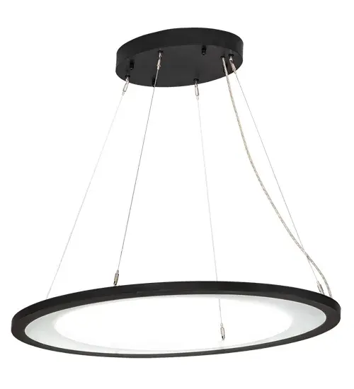 A modern sophisticated pendant featuring an extraordinary element of ambient light; the elliptic spectral halo creates a stunning visual effect. Supported by sturdy Spacecraft cables for balance and precision; this Solar Black finished solid steel ring reveals a Crystal and Contrail Mist Idalight diffuser. High powered integral LEDs deliver dimmable robust illumination; energy savings; minimal maintenance and long life. Custom sizes; styles; configurations and finishes are available; as well as other lamping options. UL and cUL listed for damp and dry locations. - alternate view