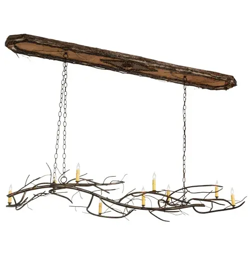 Like the branches of a wise old tree asleep in the cold winter woods; the Winter Solstice chandelier is an abstract expression of light that is perfectly poetic. Delicate intricacies abound with Antique Copper finished branches hibernating until beautiful ambient light shines from 9 Amber faux candlelights embraced by steel branches. The branches are suspended from a handmade Wooden Canopy featuring a stunning Pinecone medallion with decorative Birch twig and bark accents. Custom crafted by Meyda artisans at the foothills of New York's Adirondacks; the fixture is a unique Nature-inspired lighting design. Options include custom sizes; styles; colors; and dimmable energy efficient lamping. UL and cUL listed for dry and damp locations. - alternate view
