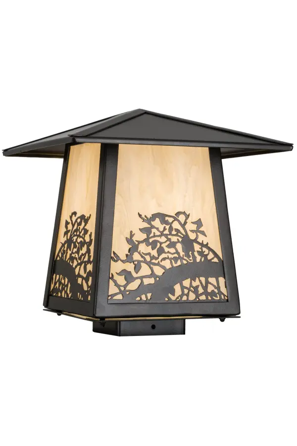 This impressive nature inspired post mount is custom crafted with a Mission styled shade featuring delicate Apple Branches and blossoms that accentuate stunning Creme Carrare Idalight. The shade is complemented with steel hardware; decorative accents and frame featured in an Oil Rubbed Bronze finish. Custom made by expert artisans; this fixture is perfect for indoor and outdoor applications; which is typically mounted to a post or column. Custom colors; styles and sizes are available. Energy efficient lamping options such as LED are offered. The fixture is UL and cUL listed for damp and dry locations.