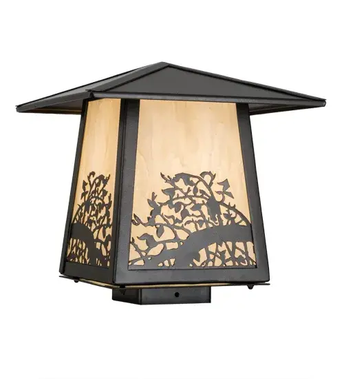 This impressive nature inspired post mount is custom crafted with a Mission styled shade featuring delicate Apple Branches and blossoms that accentuate stunning Creme Carrare Idalight. The shade is complemented with steel hardware; decorative accents and frame featured in an Oil Rubbed Bronze finish. Custom made by expert artisans; this fixture is perfect for indoor and outdoor applications; which is typically mounted to a post or column. Custom colors; styles and sizes are available. Energy efficient lamping options such as LED are offered. The fixture is UL and cUL listed for damp and dry locations. - alternate view