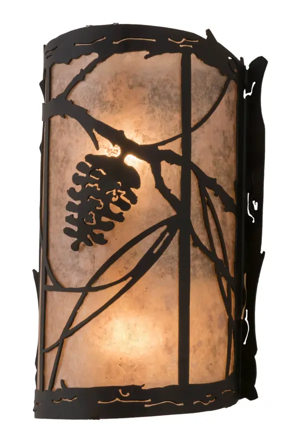 Listen closely. You can almost hear the soft whisper of the Pine branches as they dance in the wind. Enjoy the ambiance of soft beautiful light diffused through Silver Mica, which features stunning Pinecone and Pine tree branch designs in a Satin Black on Wrought Iron finish. See the coordinating Left Wall Sconce 177971. This sconce is handcrafted by highly skilled artisans in Yorkville, New York at the foothills of the Adirondack Mountains. Custom sizes, styles and finishes are available, as well as dimmable energy efficient lamping options such as LED. The fixture is UL and cUL listed for damp and dry locations. Collection: Whispering Pines Finish: Satin Black Wrought Iron Glass: Silver Mica Width: 8.00" Height: 13.00" Length: 5.00" Weight: 2.50 lb Extension from Wall: 5.00" Number of Bulbs: 2 Maximum Wattage: 60.00 W Bulb Type: A19 Bulb Base: E26 Material: Steel Country of Origin: USA Safety Listing: Damp Safety Rating: Damp