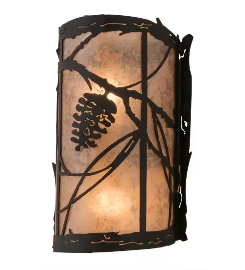 Listen closely. You can almost hear the soft whisper of the Pine branches as they dance in the wind. Enjoy the ambiance of soft beautiful light diffused through Silver Mica, which features stunning Pinecone and Pine tree branch designs in a Satin Black on Wrought Iron finish. See the coordinating Left Wall Sconce 177971. This sconce is handcrafted by highly skilled artisans in Yorkville, New York at the foothills of the Adirondack Mountains. Custom sizes, styles and finishes are available, as well as dimmable energy efficient lamping options such as LED. The fixture is UL and cUL listed for damp and dry locations. Collection: Whispering Pines Finish: Satin Black Wrought Iron Glass: Silver Mica Width: 8.00" Height: 13.00" Length: 5.00" Weight: 2.50 lb Extension from Wall: 5.00" Number of Bulbs: 2 Maximum Wattage: 60.00 W Bulb Type: A19 Bulb Base: E26 Material: Steel Country of Origin: USA Safety Listing: Damp Safety Rating: Damp - alternate view