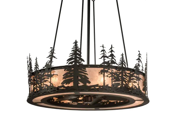 Innovation never looked so good as this custom lighting fixture integrates efficient ceiling fan technology. Nature-inspired Tall Pine tree silhouettes accent this stunning Silver Mica diffuser while gentle breezes are created by the fan spinning quietly in the center. 8 inner lamps bring out the beauty of the Mica while providing soft illumination for any room. The diffuser is complemented with hardware, frame and accents in a Satin Black Wrought Iron finish. In summer, the fan pushes down a windchill that circulates to keep the space cool and comfortable. In winter, the fan is reversed to pull the room air up towards the ceiling and force the warm air back down and circulate to create warmth. The Chandel-Air is UL and cUL listed for damp and dry locations. Collection: Tall Pines Finish: Silver Mica Oiled Bronze Glass: Satin Black Wrought Iron Ac Motor Width: 44.50" Height: 86.50" Length: 44.50" Weight: 100.00 lb Number of Bulbs: 8 Maximum Wattage: 60.00 W Bulb Type: A19 Bulb Base: Medium Material: Steel Country of Origin: USA Safety Listing: Damp Safety Rating: Damp