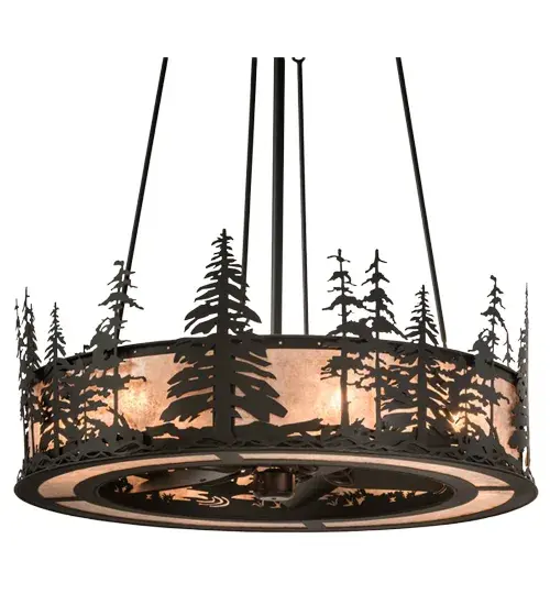 Innovation never looked so good as this custom lighting fixture integrates efficient ceiling fan technology. Nature-inspired Tall Pine tree silhouettes accent this stunning Silver Mica diffuser while gentle breezes are created by the fan spinning quietly in the center. 8 inner lamps bring out the beauty of the Mica while providing soft illumination for any room. The diffuser is complemented with hardware, frame and accents in a Satin Black Wrought Iron finish. In summer, the fan pushes down a windchill that circulates to keep the space cool and comfortable. In winter, the fan is reversed to pull the room air up towards the ceiling and force the warm air back down and circulate to create warmth. The Chandel-Air is UL and cUL listed for damp and dry locations. Collection: Tall Pines Finish: Silver Mica Oiled Bronze Glass: Satin Black Wrought Iron Ac Motor Width: 44.50" Height: 86.50" Length: 44.50" Weight: 100.00 lb Number of Bulbs: 8 Maximum Wattage: 60.00 W Bulb Type: A19 Bulb Base: Medium Material: Steel Country of Origin: USA Safety Listing: Damp Safety Rating: Damp - alternate view