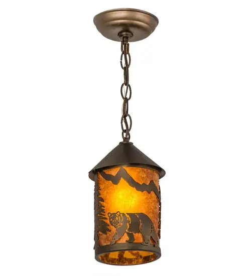 Drawing inspiration from the wildlife and natural beauty in the spectacular Adirondack Mountains. This stunning fixture depicts a bold Bear meandering across the mountainside. Beautiful ambient light is evoked through Amber Mica that is complemented with a frame and hardware featured in an Antique Copper finish. The overall height of this pendant ranges from 14 to 49 inches as the chain length can be easily adjusted in the field to accommodate your specific lighting application needs. Align this mini pendant in multiples to create a design statement over islands, tables, counters, and bars. Handcrafted in our 180,000 square manufacturing facility in Yorkville, NY. UL and cUL listed for dry and damp locations. Collection: Lone Bear Finish: Antique Copper Glass: Amber Mica Width: 6.00" Height: 14.00" Length: 6.00" Weight: 3.00 lb Extension from Wall: 11.75" Number of Bulbs: 1 Maximum Wattage: 60.00 W Bulb Type: A19 Bulb Base: E26 Material: Steel Country of Origin: USA Safety Listing: Damp Safety Rating: Damp - alternate view