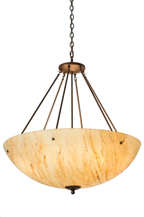 For a sophisticated look that will add cool appeal to any space, Madison is designed with a Travertine Idalight diffuser which is complemented with hardware and accents featured in a Mahogany Bronze finish. The transitionally styled, bowl shaped fixture is perfect for enhancing corridors, lobbies, living rooms and other areas in both residential and commercial environments. This ceiling fixture is crafted by the highly skilled hands of artisans in our 180,000 square foot manufacturing facility in the Yorkville, New York in the USA. Custom styles, sizes and colors are available, as well as dimmable energy efficient lamping options such as LED. The pendant is UL and cUL listed for damp and dry locations. Collection: Madison Finish: Mahogany Bronze Glass: Travertine Idalight Width: 36.00" Height: 41.00" Length: 36.00" Weight: 15.00 lb Extension from Wall: 10.50" Number of Bulbs: 8 Maximum Wattage: 40.00 W Bulb Type: A19 Bulb Base: E26 Material: Steel Country of Origin: USA Safety Listing: Damp Safety Rating: Damp
