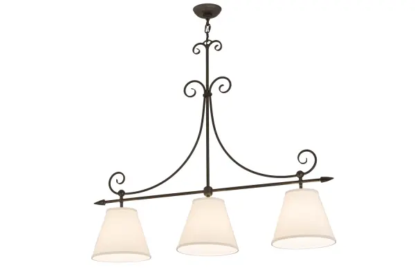 An exquisite oblong pendant presents three stunning Natural Textrene empire styled shades which are accentuated with elegant, fanciful scroll styled metalwork. The frame, decorative accents and hardware are offered in a handsome Oil Rubbed Bronze finish. This oblong pendant is ideal for illuminating dining tables, billiard rooms, reception areas, islands, counters and other fine interiors. Custom crafted at our manufacturing facility in the USA, Marselle is available in custom sizes, styles and colors, as well as dimmable energy efficient lamping options such as LED. The fixture is UL and cUL listed for damp and dry locations. Collection: Marselle Finish: Oil Rubbed Bronze Glass: Natural Textrene Width: 10.00" Height: 41.50" Length: 42.00" Weight: 2.00 lb Extension from Wall: 10.00" Number of Bulbs: 3 Maximum Wattage: 60.00 W Bulb Type: A19 Bulb Base: E26 Material: Steel Country of Origin: USA Safety Listing: Dry Safety Rating: Dry