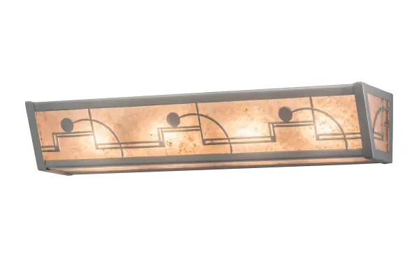 This fanciful vanity light features a stunning design combination of straight and curved lines which are reminiscent of the Art Deco era. The decorative accents and hardware are featured in a Nickel finish and enhanced with stunning Silver Mica panels. This fixture, which can be used as a vanity lighting in a fine bath or a wall sconce in other rooms, is handcrafted in the USA by Meyda artisans. Custom sizes, styles and finishes, as well as dimmable energy efficient lamping options such as LED, are available. Handmade in the USA, this vanity light is UL and cUL listed for damp and dry locations. Collection: Revival Finish: Nickel Glass: Silver Mica Width: 24.00" Height: 4.50" Length: 5.50" Weight: 5.50 lb Extension from Wall: 5.50" Number of Bulbs: 4 Maximum Wattage: 60.00 W Bulb Type: A19 Bulb Base: E26 Material: Steel Country of Origin: USA Safety Listing: Damp Safety Rating: Damp