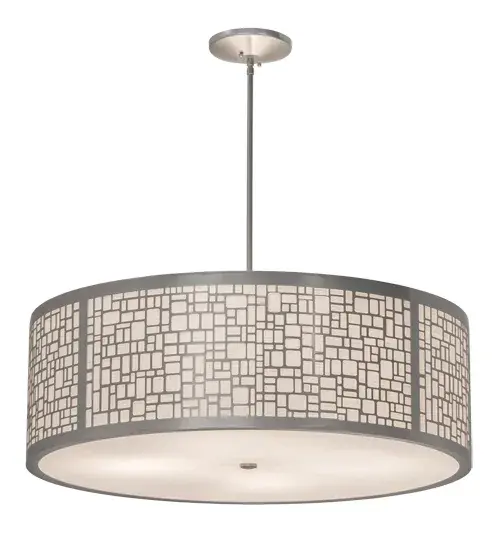A mesmerizing Art Deco design comes to light with the Cilindro Deco Pendant. A gridwork mosaic featured across an Off-White Linen Shade which is enhanced with a Statuario Idalight bottom diffuser. The shade is complemented with a Nickel powder coat finished hardware. Handcrafted by highly skilled artisans in our 180;000 square foot manufacturing facility in Yorkville; New York. This pendant is available in custom sizes; styles and finishes. UL and cUL listed for dry and damp locations however we do not recommend installing it in spaces that experience a large amount of moisture due to the fabric shade. - alternate view