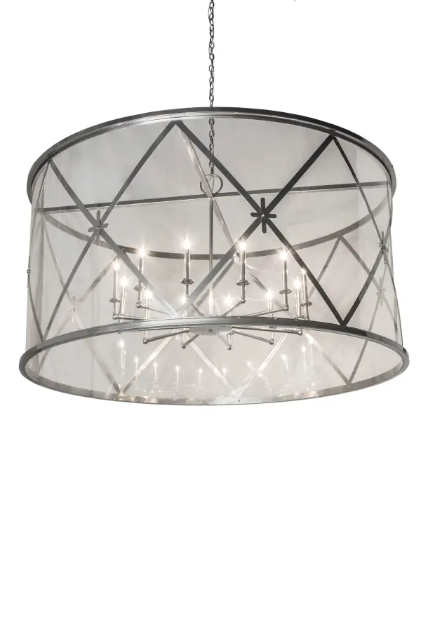 American craftsmanship creates the beauty of fine lighting with the elegant Penelope pendant. A ringed frame with a Crystal Idalight lens reveals a candelabra with 12 faux candlelights. The decorative steel arms; along with diamond and cross designed accents; are hand finished in a handsome Extreme Chrome powdercoat. Custom sizes; designs and colors are available; as well as dimmable energy efficient lamping options such as LED. The fixture is UL and cUL listed for damp and dry locations.