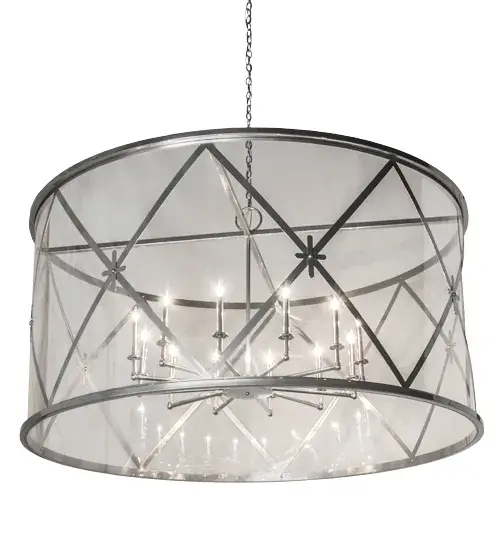 American craftsmanship creates the beauty of fine lighting with the elegant Penelope pendant. A ringed frame with a Crystal Idalight lens reveals a candelabra with 12 faux candlelights. The decorative steel arms; along with diamond and cross designed accents; are hand finished in a handsome Extreme Chrome powdercoat. Custom sizes; designs and colors are available; as well as dimmable energy efficient lamping options such as LED. The fixture is UL and cUL listed for damp and dry locations. - alternate view