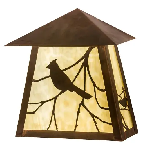You can almost hear this singing bird's beautiful melodies that echo the rhythms of Mother Nature. Delicately etched of Solid Brass; delicate silhouettes of a Song Bird perched on branches accent this charming lantern-style wall sconce. Perfect for indoor and outdoor lighting applications; the stunning wall fixture is finished in Vintage Copper and features a Beige Art Glass diffuser. The Stillwater Song Bird Wall Sconce is included in our American-made; American designed handcrafted Craftsman Signature Lighting Collection. Manufactured in Yorkville; New York. UL and cUL listed for dry; damp; and wet locations. Our Build Your Own Craftsman Signature Series features unlimited combinations of styles; functions; sizes; and finishes. Options include lanterns; pier and post mounts; and deck lights crafted of marine-grade materials like brass and copper with timeless living finishes offered to endure harsh climates. - alternate view