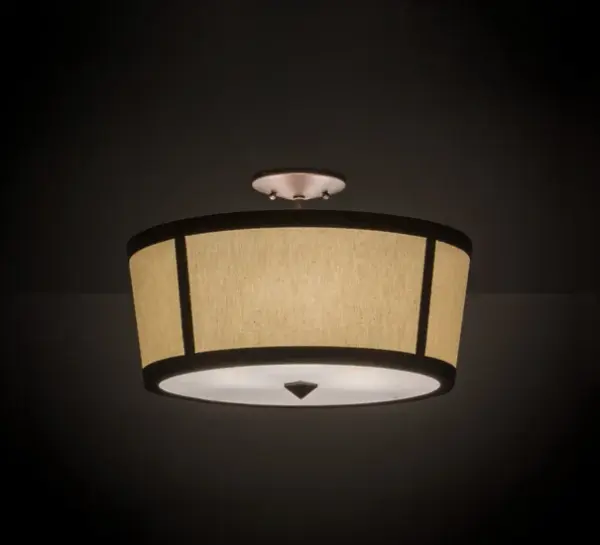 Designed with a tapered profile and a clean architectural look; this appealing and versatile ceiling fixture defines a casual; yet refined aesthetic. This fixture features Natural Textrene which is complemented with a Contrail Mist Idalight bottom diffuser. The hardware; frame and decorative accents are featured in a Mahogany Bronze finish. Handcrafted by highly skilled artisans in our manufacturing facility in Upstate New York; this transitional styled semi-flushmount is available in a wide range of custom choices including various designs; colors; sizes and dimmable energy efficient lamping options such as LED. This fixture is UL and cUL listed for damp and dry locations.